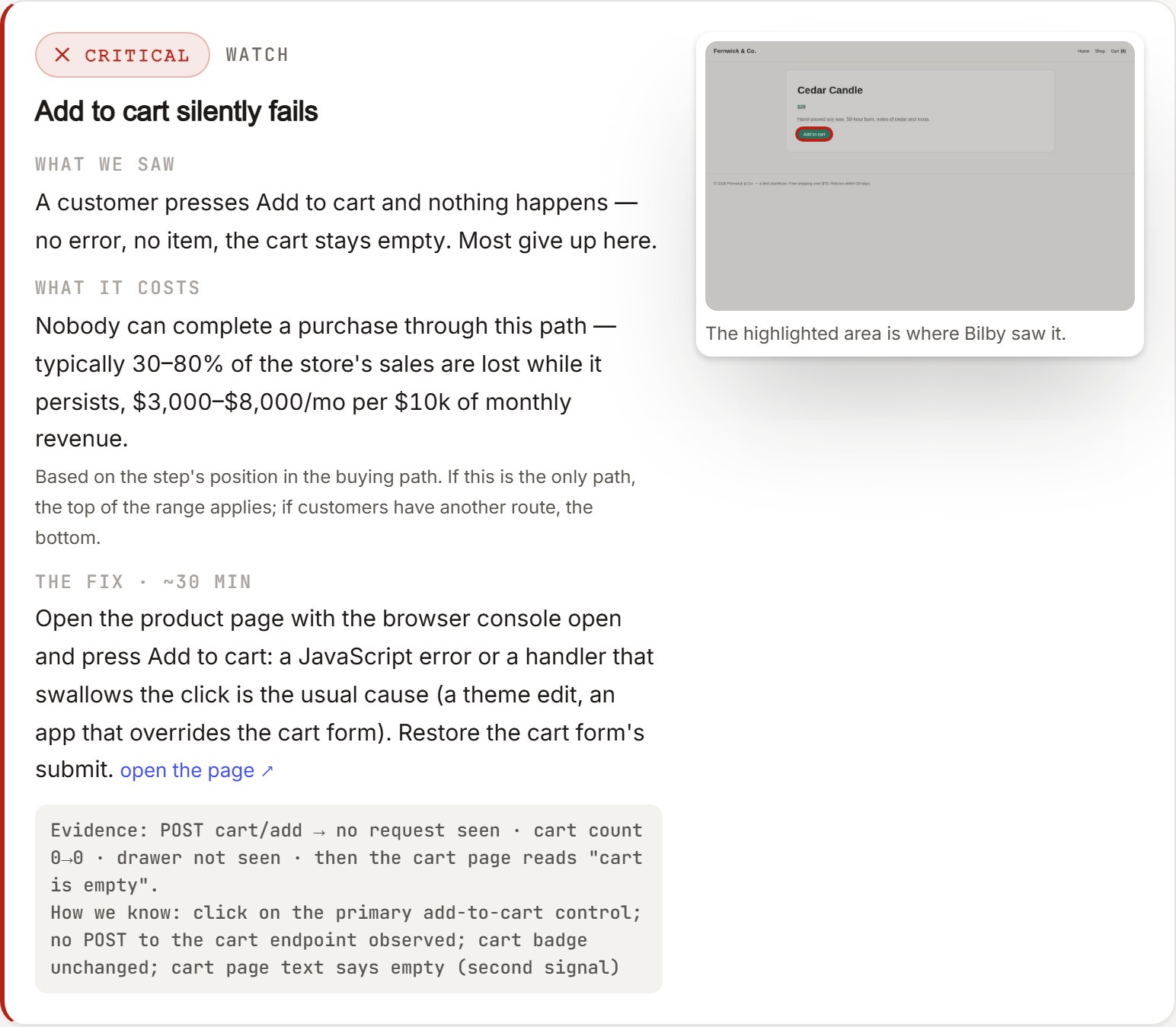A Bilby report finding: the add-to-cart button on the demo store did nothing while the page answered 200