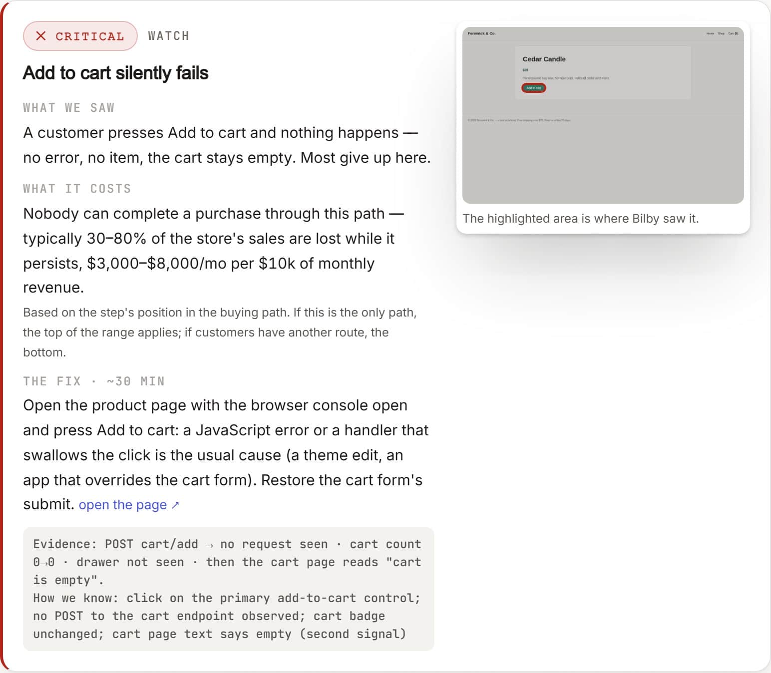 A Bilby report finding: the add-to-cart button did nothing while the page answered 200