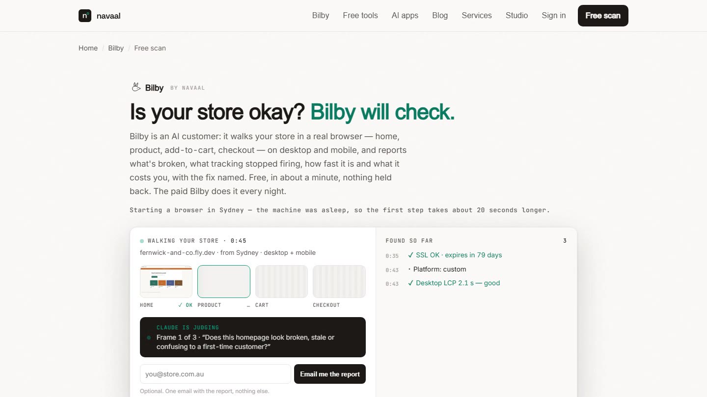 The Bilby scan screen mid-visit on the demo store
