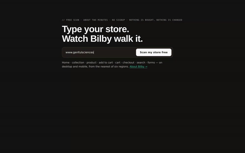 The free scan box on navaal.ai with a store address, www.genfulsciences, half typed in