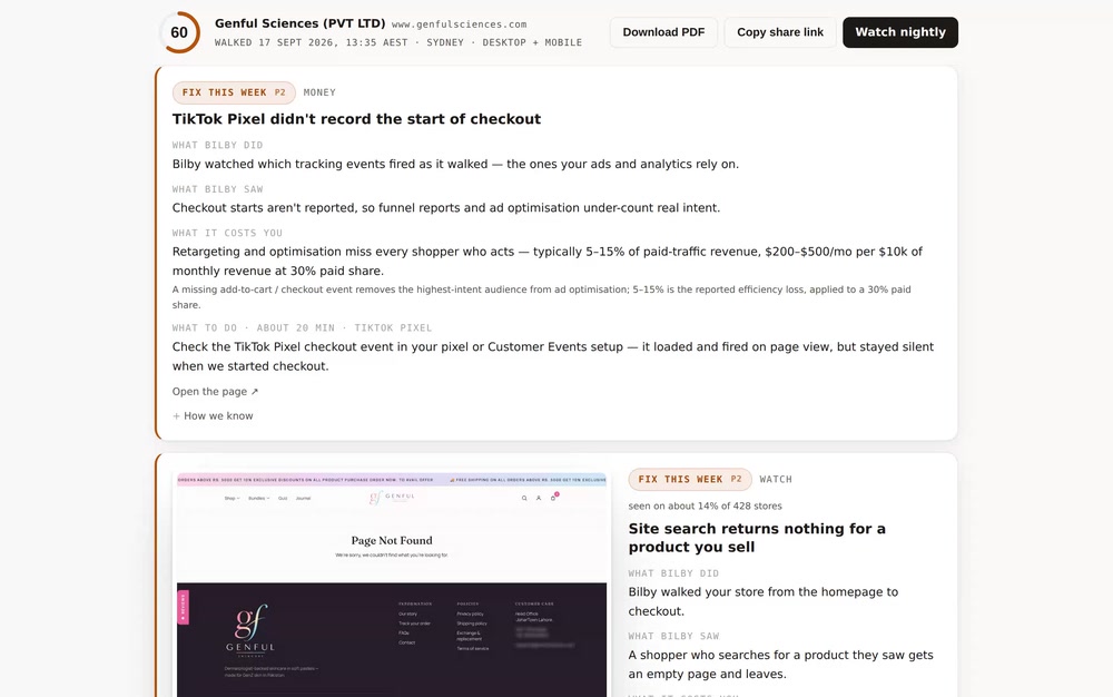 A Bilby finding on the Genful report: site search returned a Page Not Found, with the screenshot of that page beside it