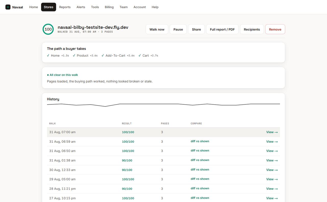A store page in the Navaal dashboard: score 100, the buyer's path traced live, all clear on this visit, and the visit history line.