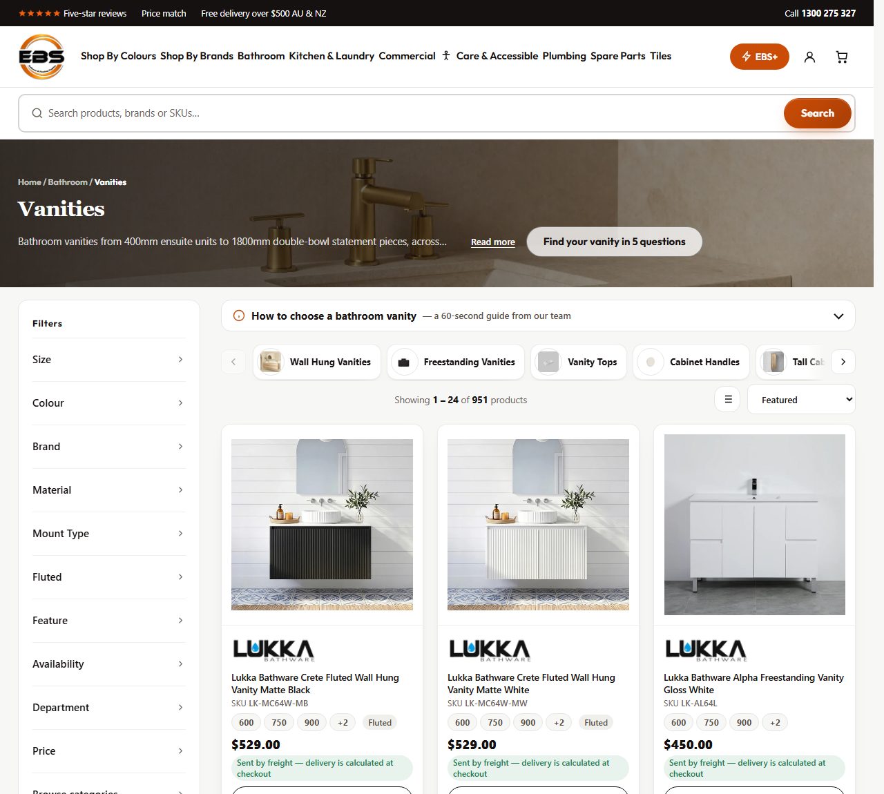 A collection page for vanities, with filters down the left and product cards showing finish and size attributes.