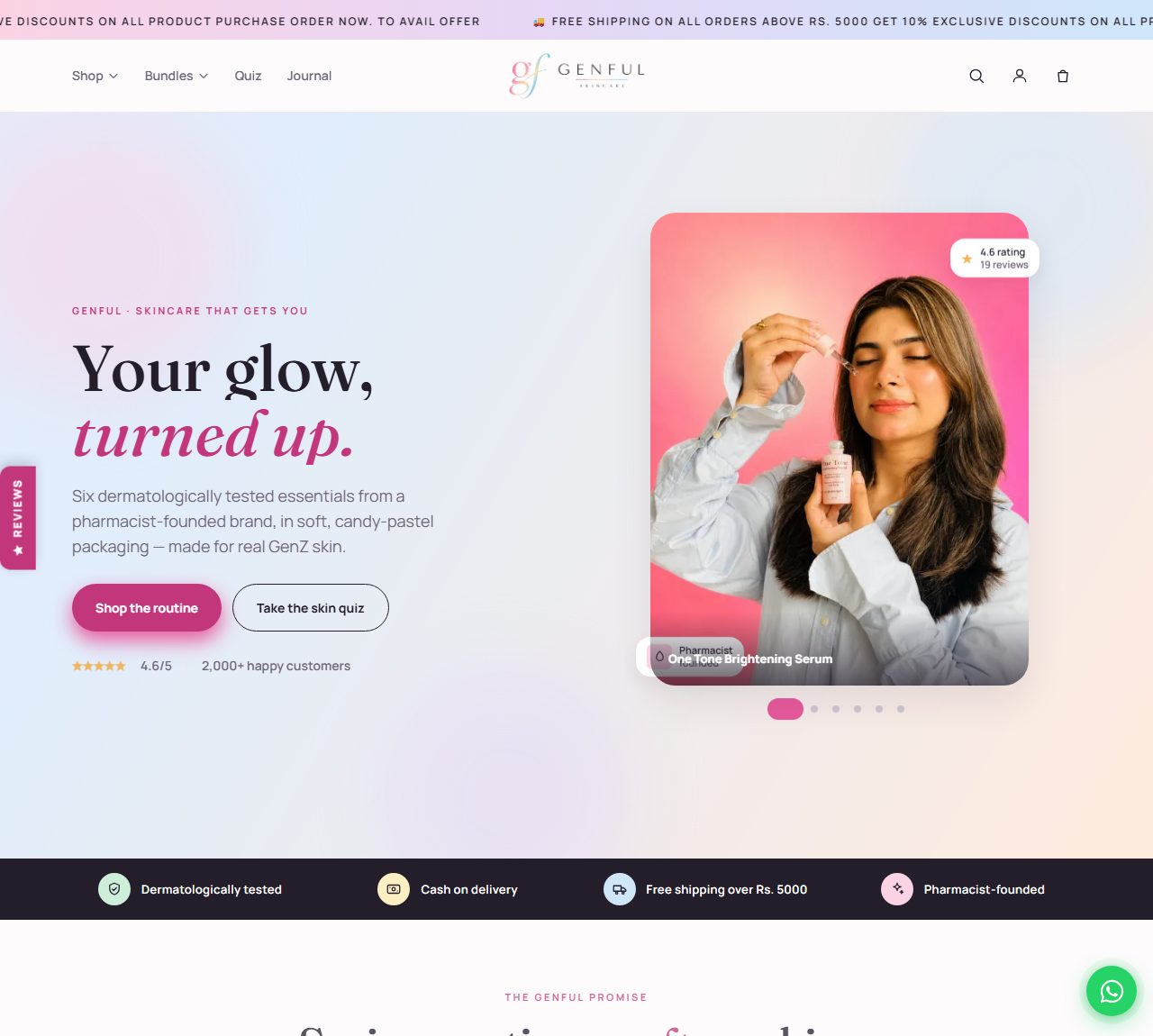 The GenFul Sciences homepage: the brand's products, the quiz entry point and the first content rows.