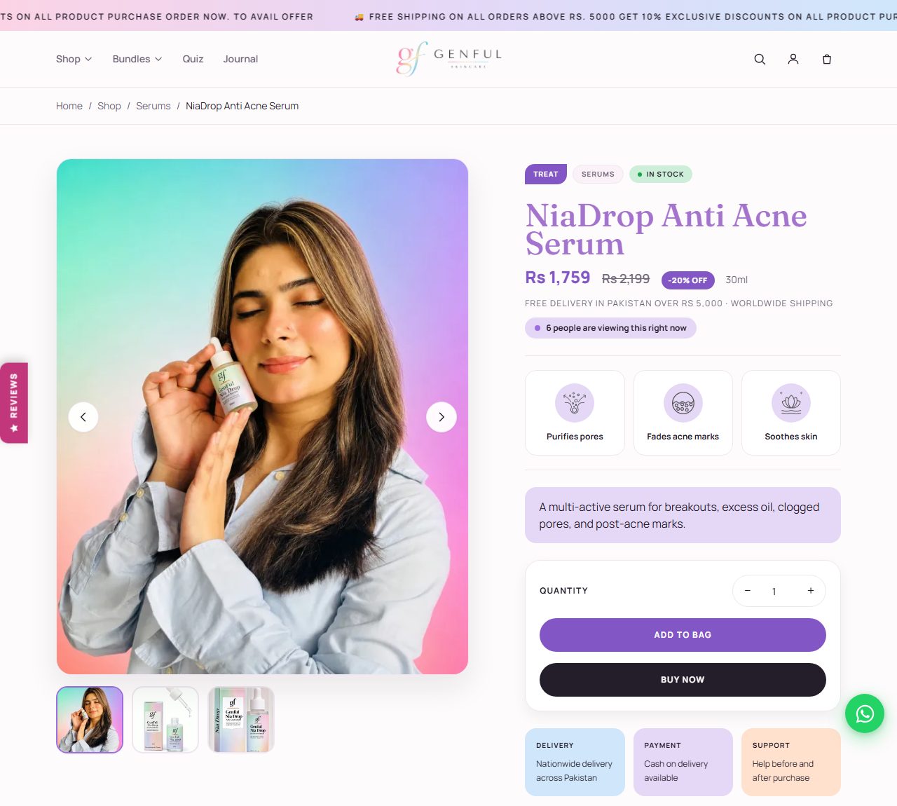 A GenFul product page for the NiaDrop anti-acne serum, showing the actives, the size and the price.