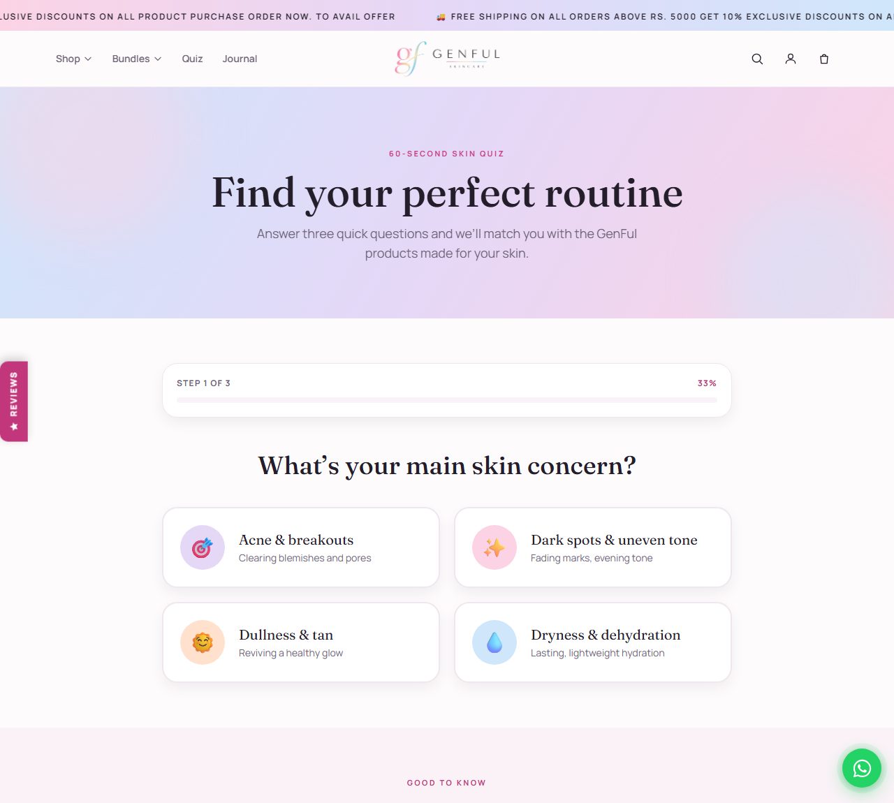 The GenFul skin-type quiz, which routes an answer to a recommended routine.